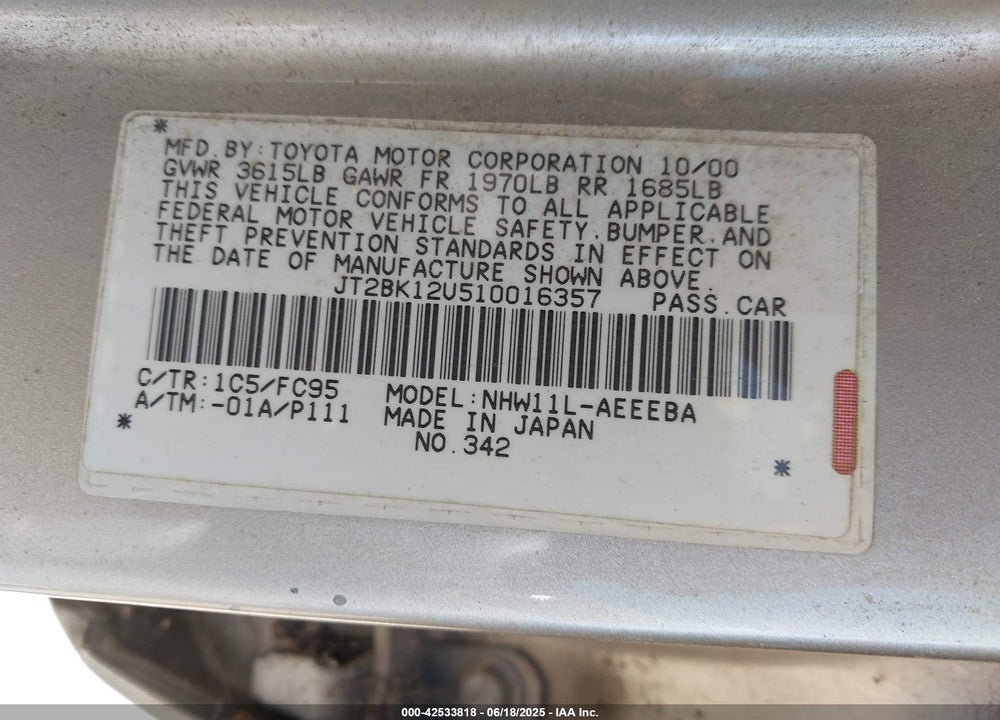 2001 TOYOTA PRIUS VIN: JT2BK12U510016357