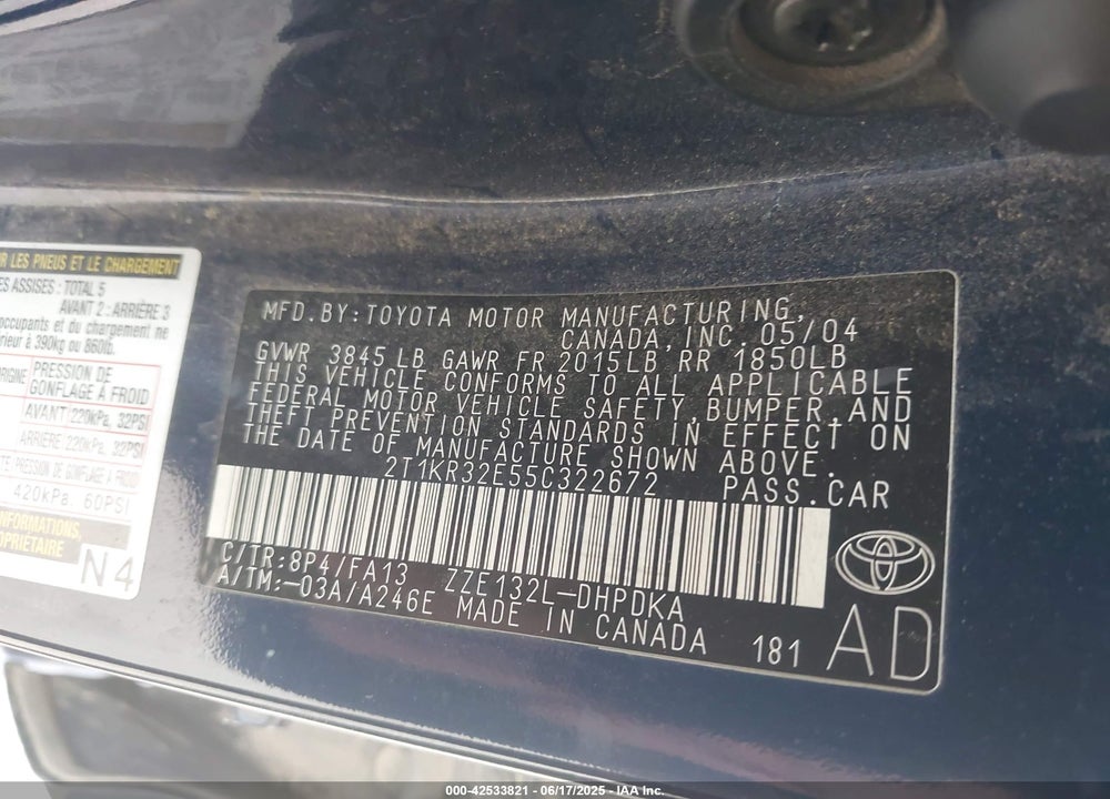 2005 TOYOTA MATRIX VIN: 2T1KR32E55C322672