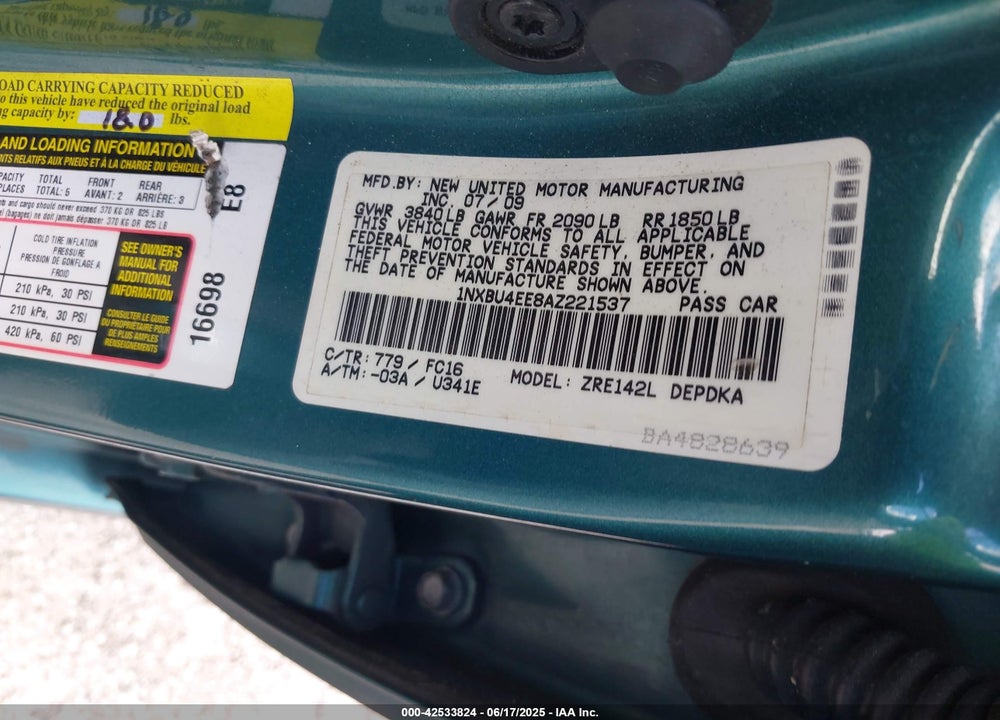 2010 TOYOTA COROLLA LE VIN: 1NXBU4EE8AZ221537