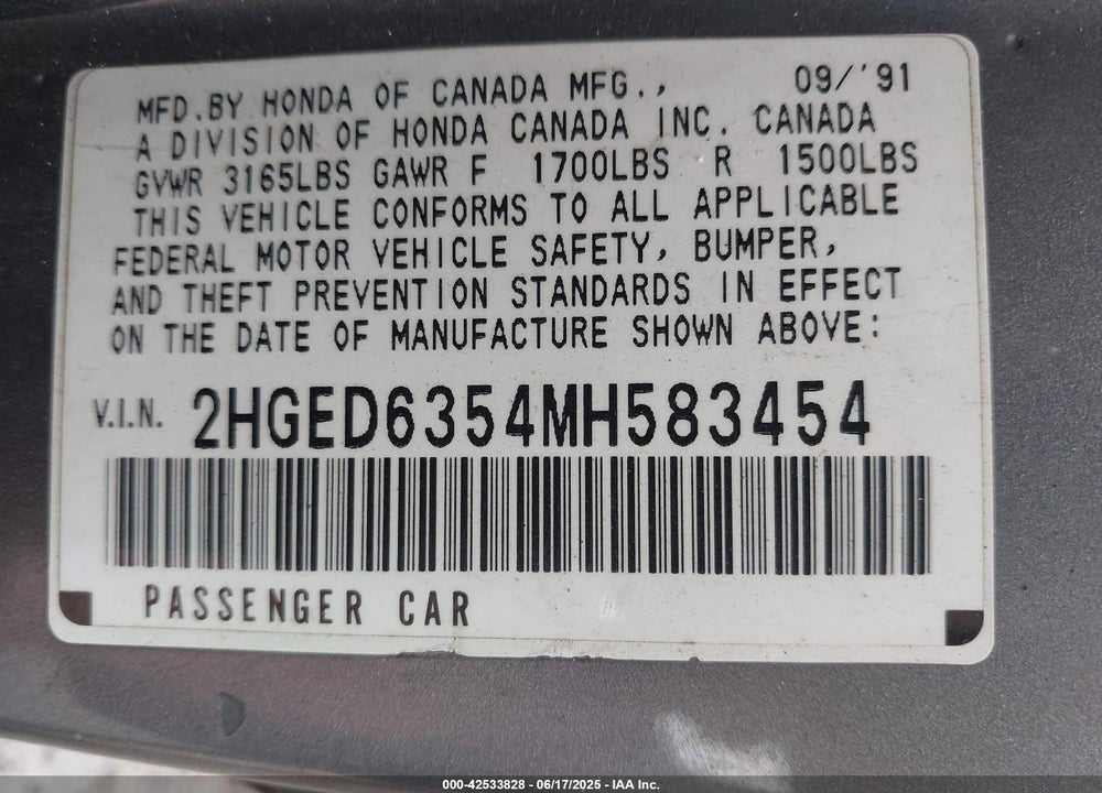 1991 HONDA CIVIC DX VIN: 2HGED6354MH583454