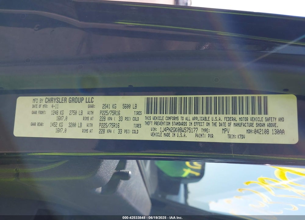 2011 JEEP LIBERTY VIN: 1J4PN2GK0BW575177