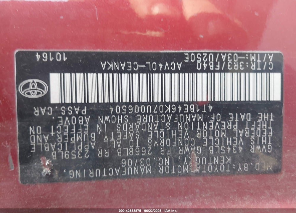 2007 TOYOTA CAMRY LE VIN: 4T1BE46K07U006504