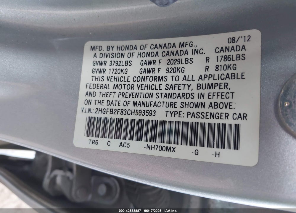 2012 HONDA CIVIC VIN: 2HGFB2F83CH593593