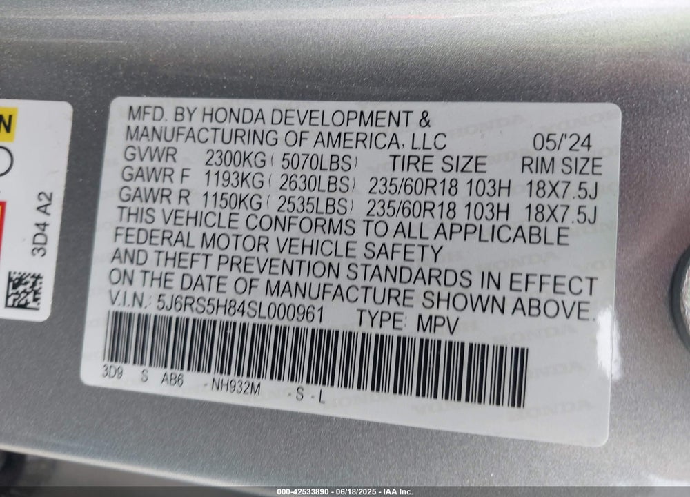 2025 HONDA CR-V VIN: 5J6RS5H84SL000961