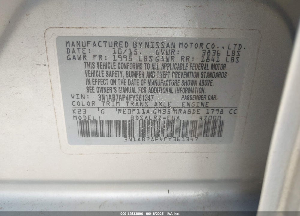 2015 NISSAN SENTRA VIN: 3N1AB7AP4FY361347