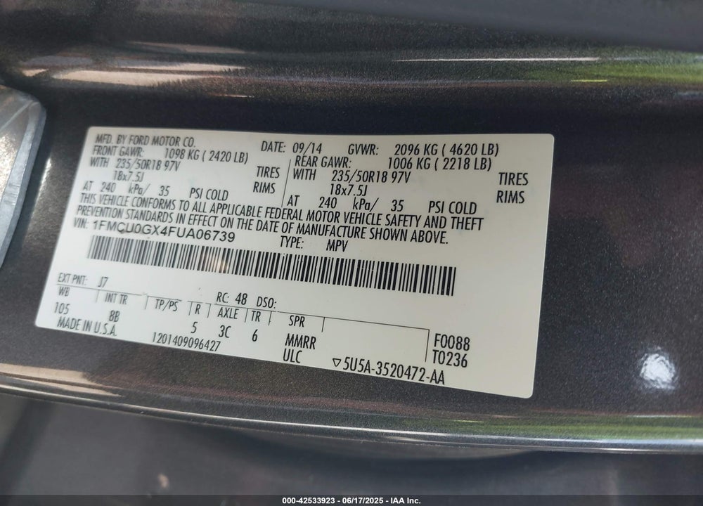 2015 FORD ESCAPE SE VIN: 1FMCU0GX4FUA06739