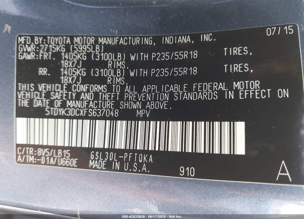 2015 TOYOTA SIENNA VIN: 5TDYK3DCXFS637048