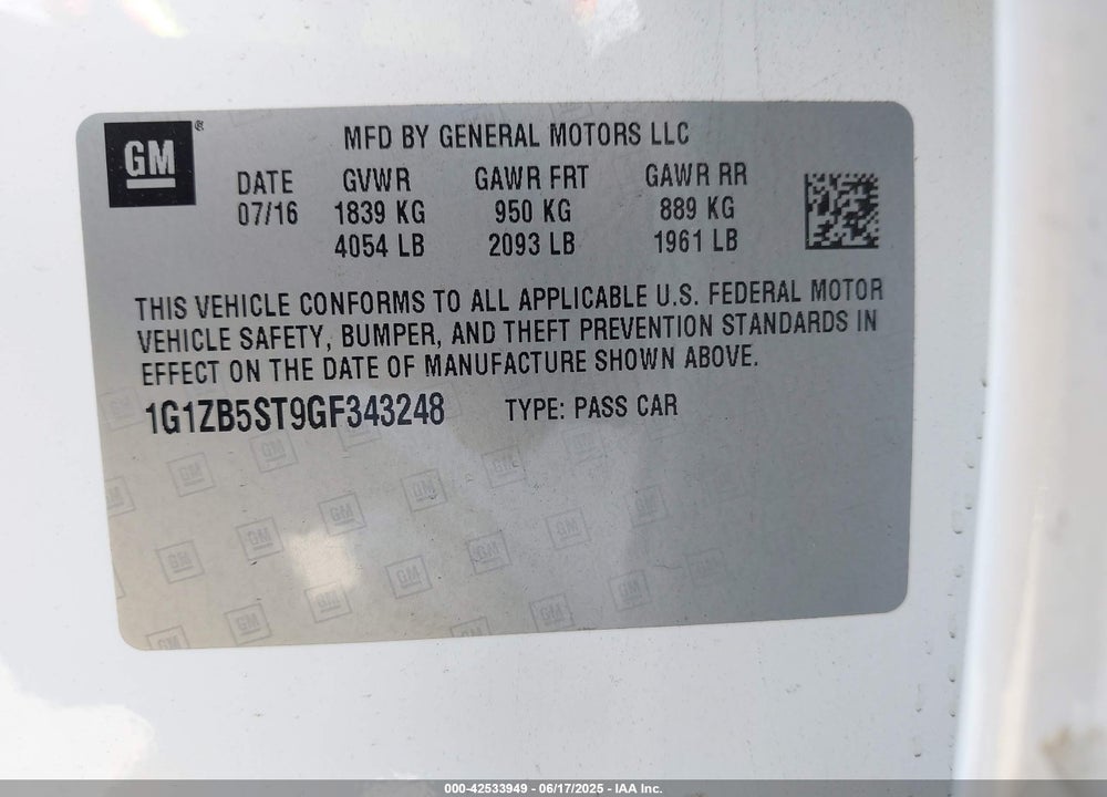 2016 CHEVROLET MALIBU VIN: 1G1ZB5ST9GF343248