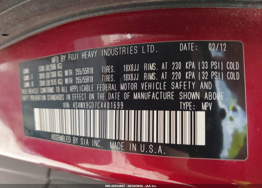 2012 SUBARU TRIBECA VIN: 4S4WX9GD7C4401699