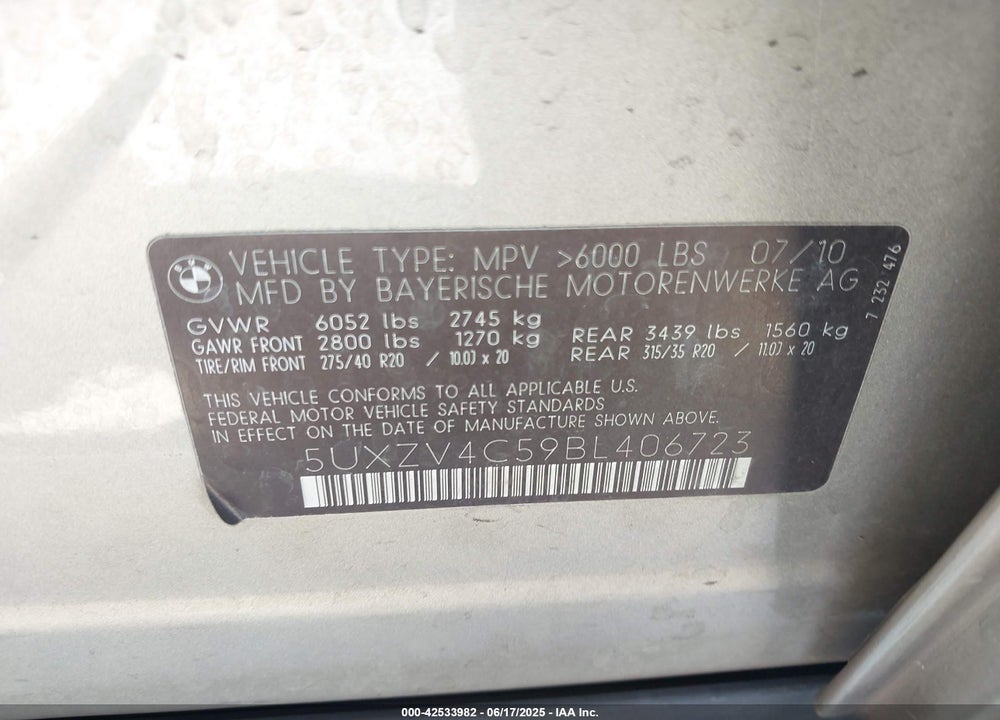 2011 BMW X5 XDRIVE35I/XDRIVE35I PREMIUM/XDRIVE35I SPORT ACTIVITY VIN: 5UXZV4C59BL406723