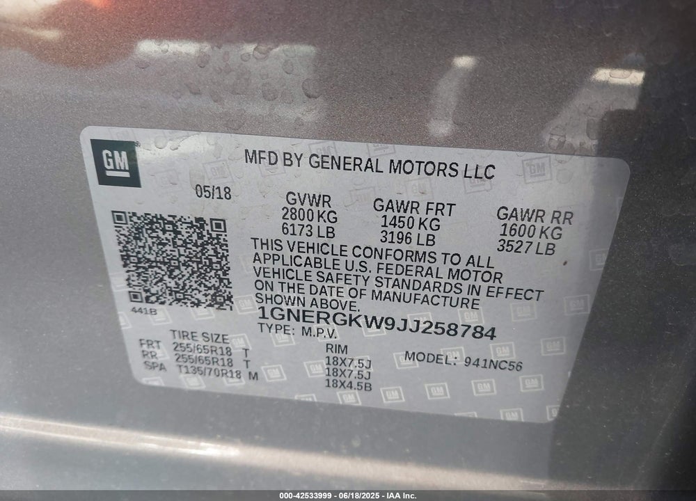 2018 CHEVROLET TRAVERSE VIN: 1GNERGKW9JJ258784