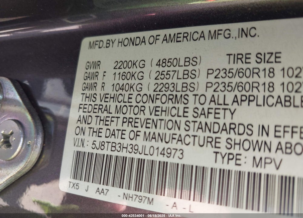 2018 ACURA RDX VIN: 5J8TB3H39JL014973