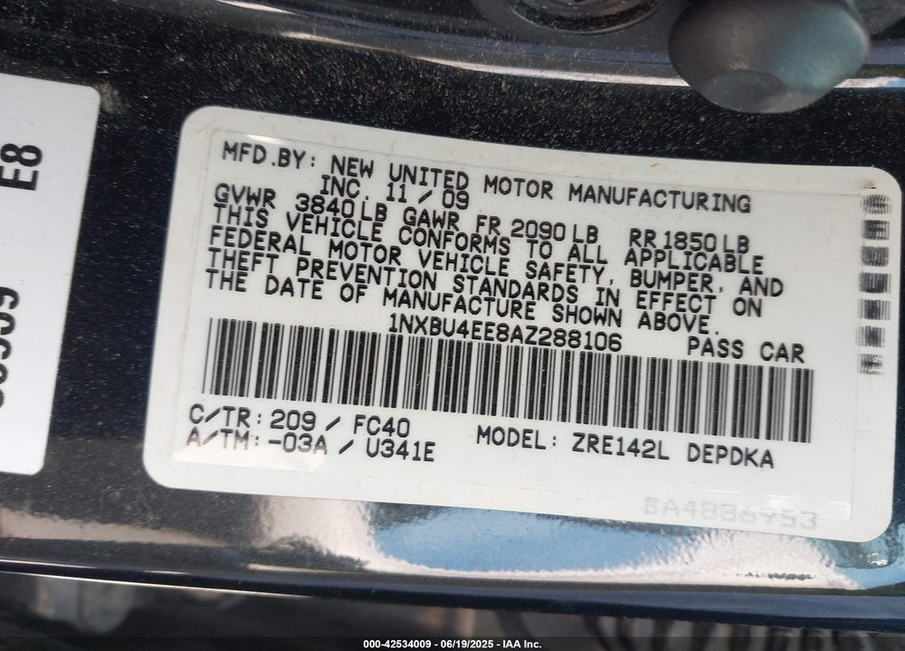 2010 TOYOTA COROLLA VIN: 1NXBU4EE8AZ288106