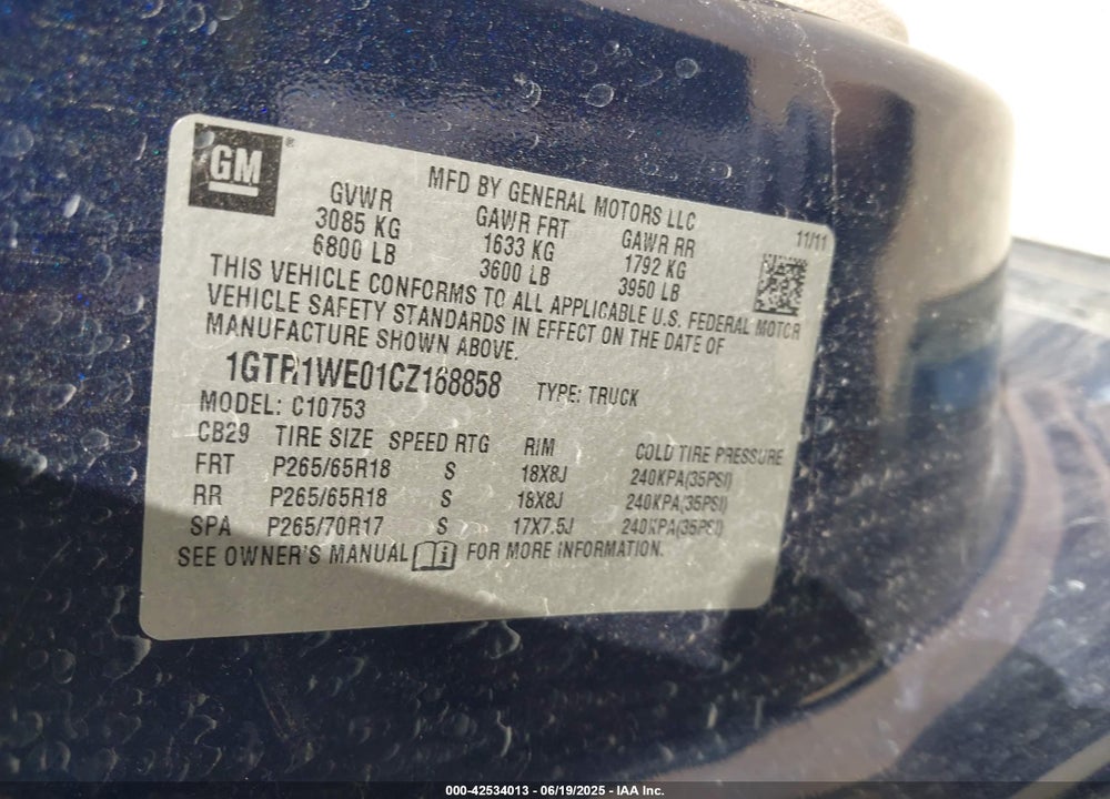 2012 GMC SIERRA 1500 VIN: 1GTR1WE01CZ168858