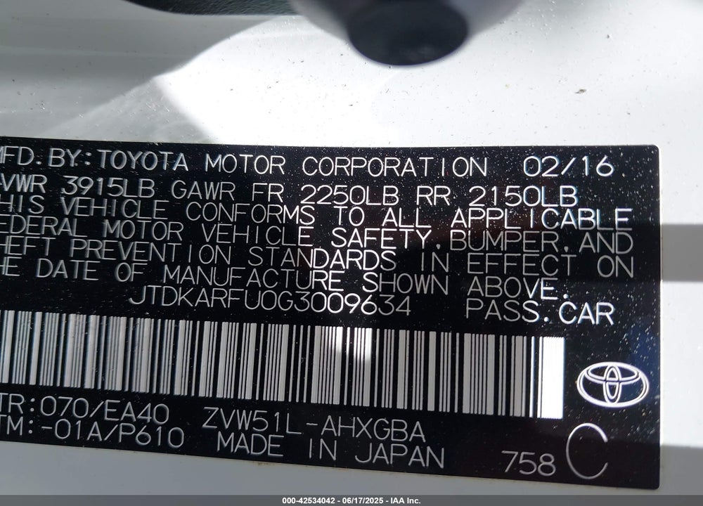 2016 TOYOTA PRIUS VIN: JTDKARFU0G3009634