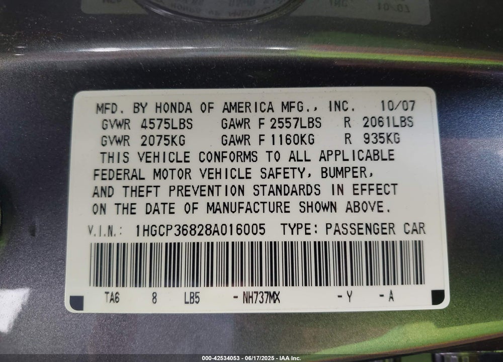 2008 HONDA ACCORD 3.5 EX-L VIN: 1HGCP36828A016005