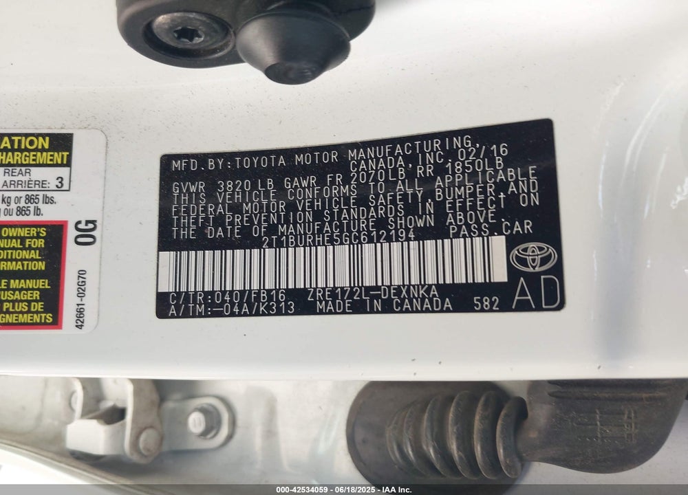 2016 TOYOTA COROLLA VIN: 2T1BURHE5GC612194