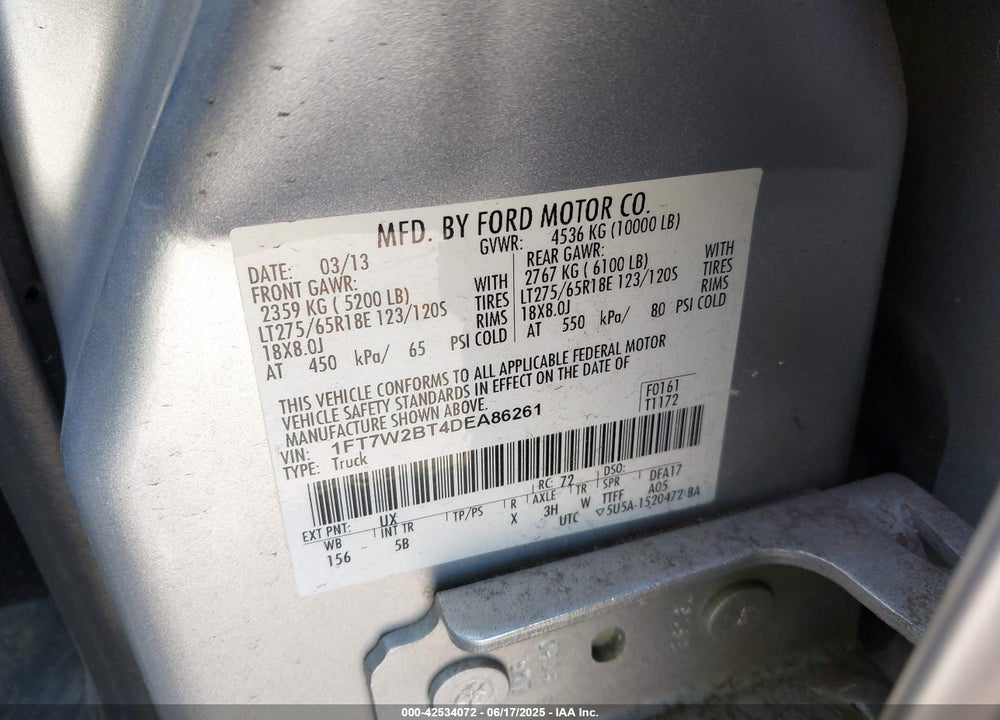 2013 FORD F-250 VIN: 1FT7W2BT4DEA86261