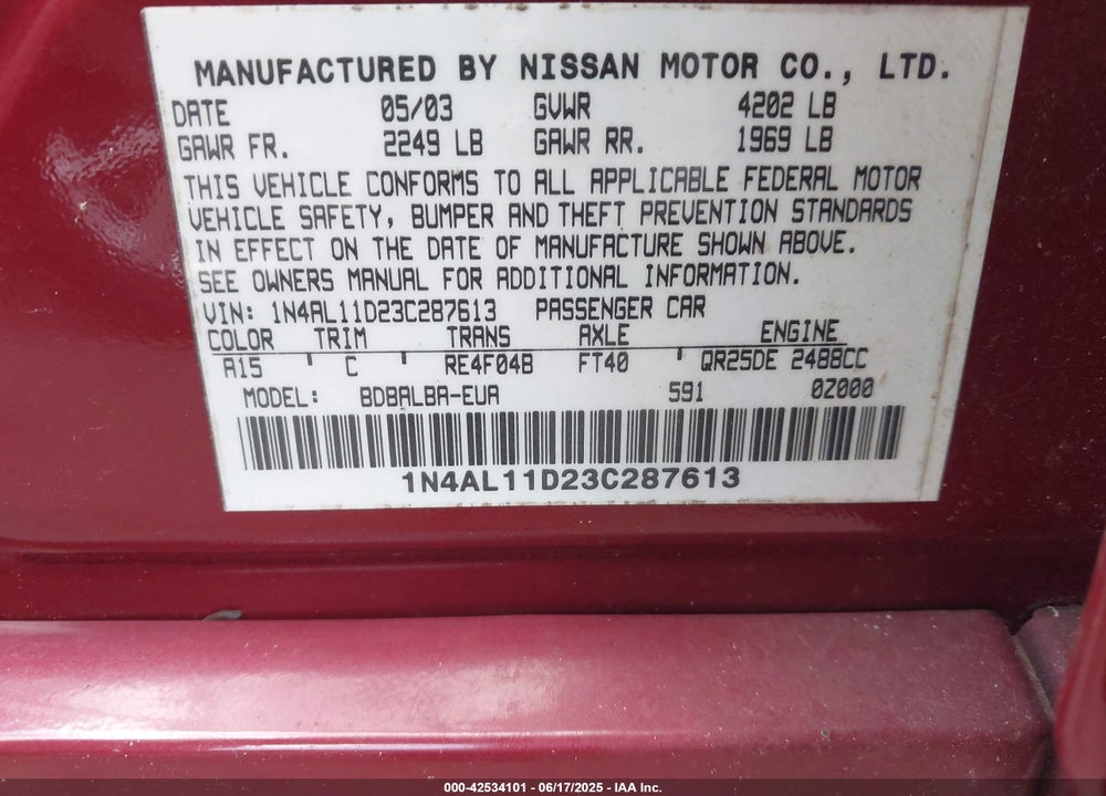 2003 NISSAN ALTIMA 2.5 S VIN: 1N4AL11D23C287613