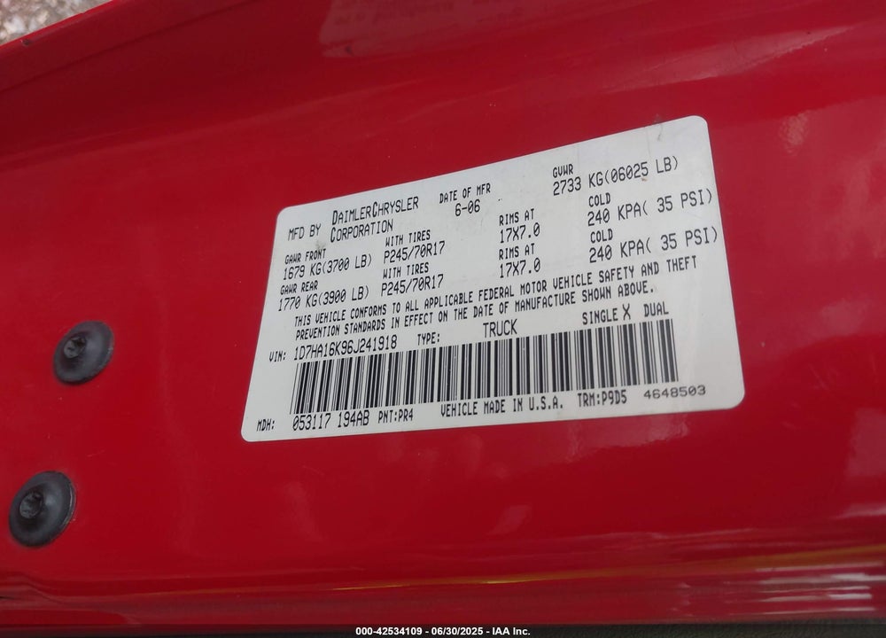 2006 DODGE RAM 1500 ST VIN: 1D7HA16K96J241918