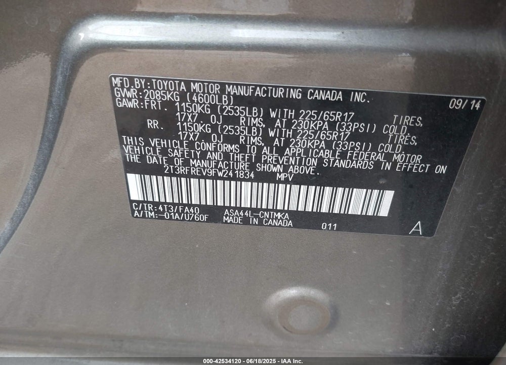 2015 TOYOTA RAV4 VIN: 2T3RFREV9FW241834