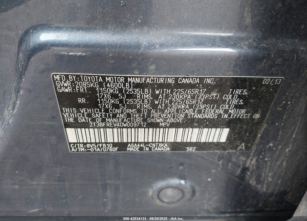 2013 TOYOTA RAV4 VIN: 2T3BFREVXDW009712