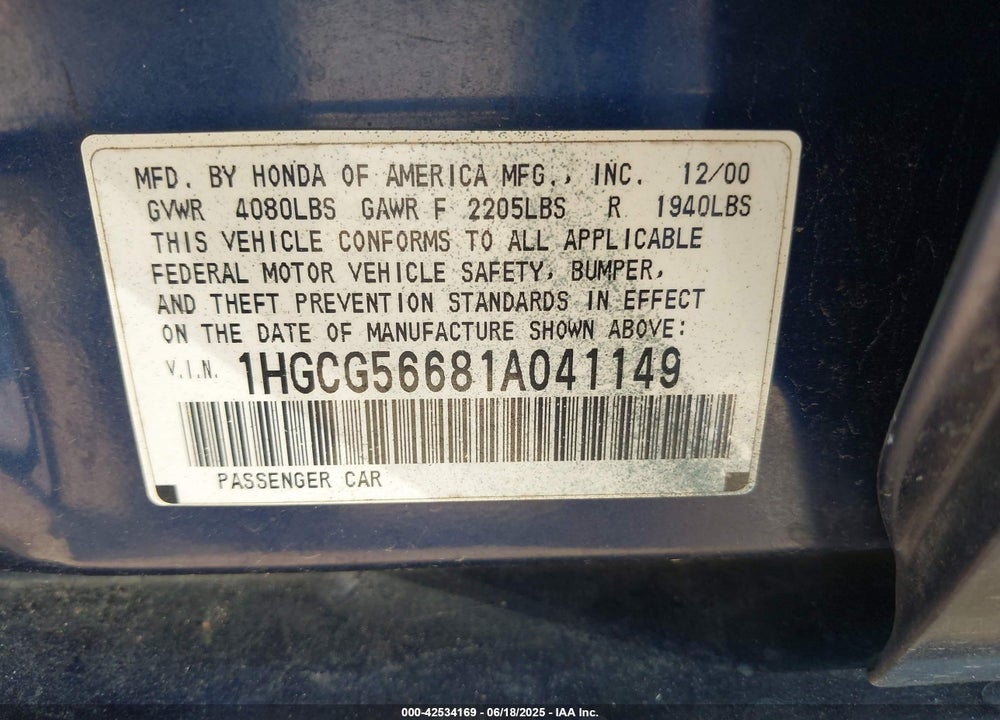 2001 HONDA ACCORD 2.3 EX VIN: 1HGCG56681A041149