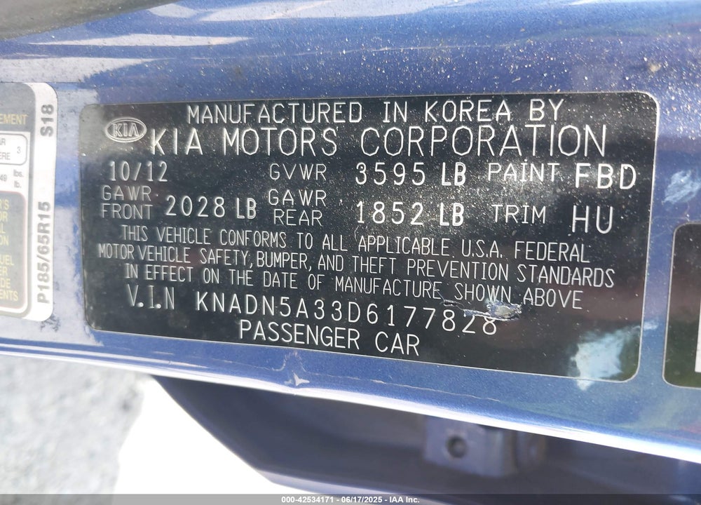 2013 KIA RIO EX VIN: KNADN5A33D6177828