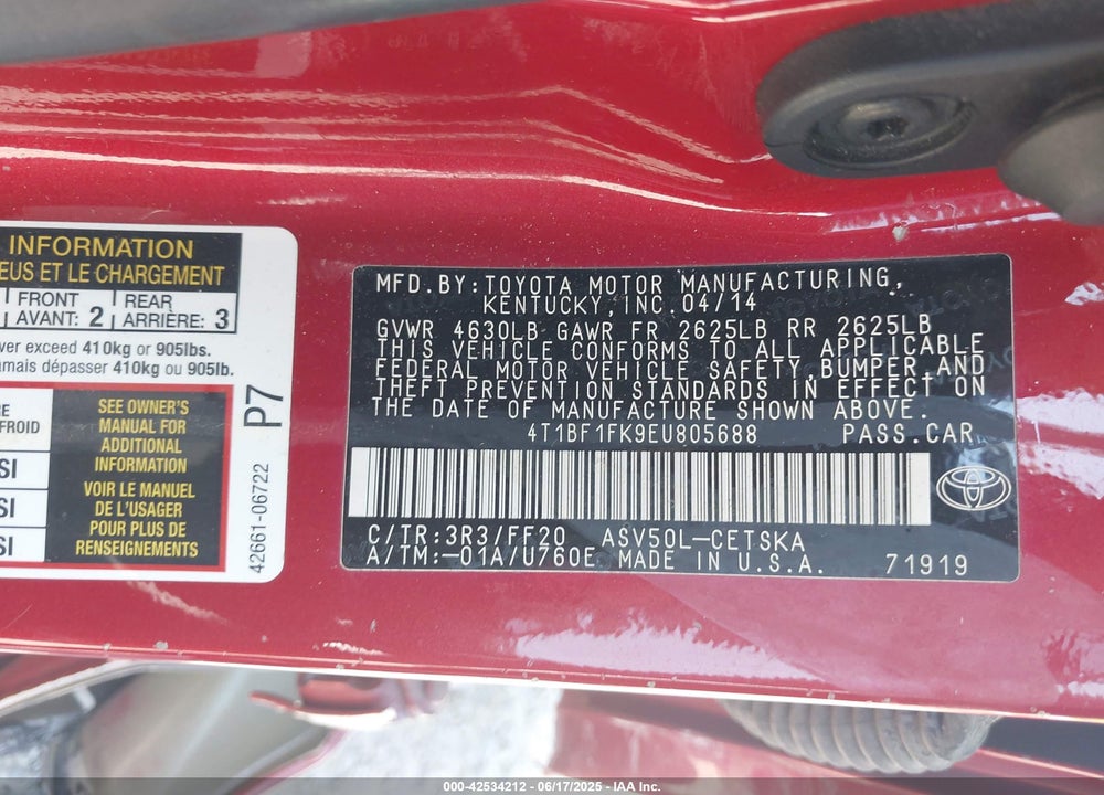 2014 TOYOTA CAMRY SE VIN: 4T1BF1FK9EU805688