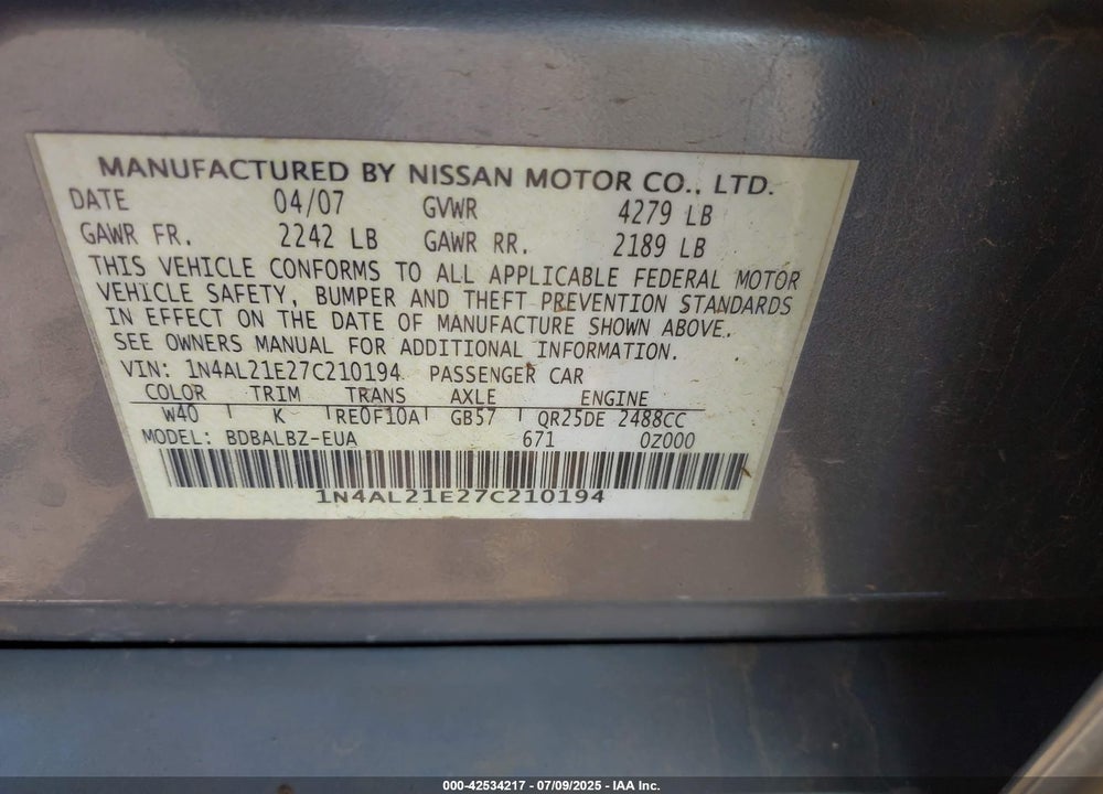 2007 NISSAN ALTIMA VIN: 1N4AL21E27C210194