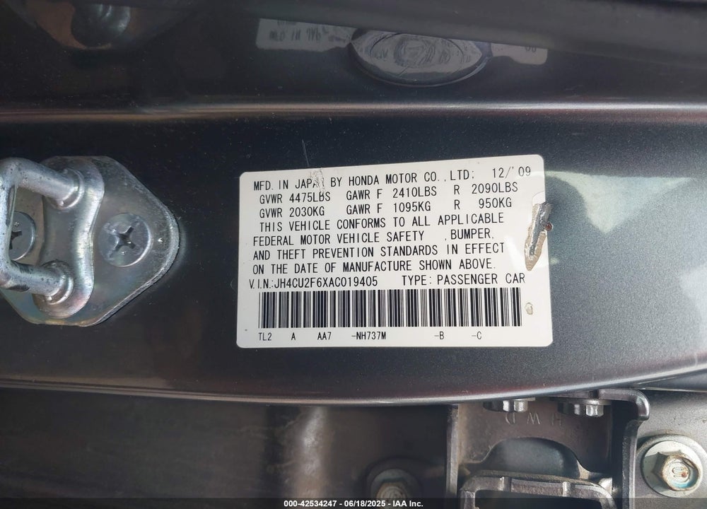 2010 ACURA TSX 2.4 VIN: JH4CU2F6XAC019405