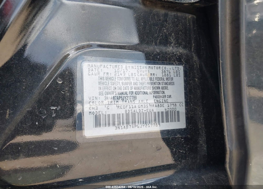2018 NISSAN SENTRA VIN: 3N1AB7AP6JY217789