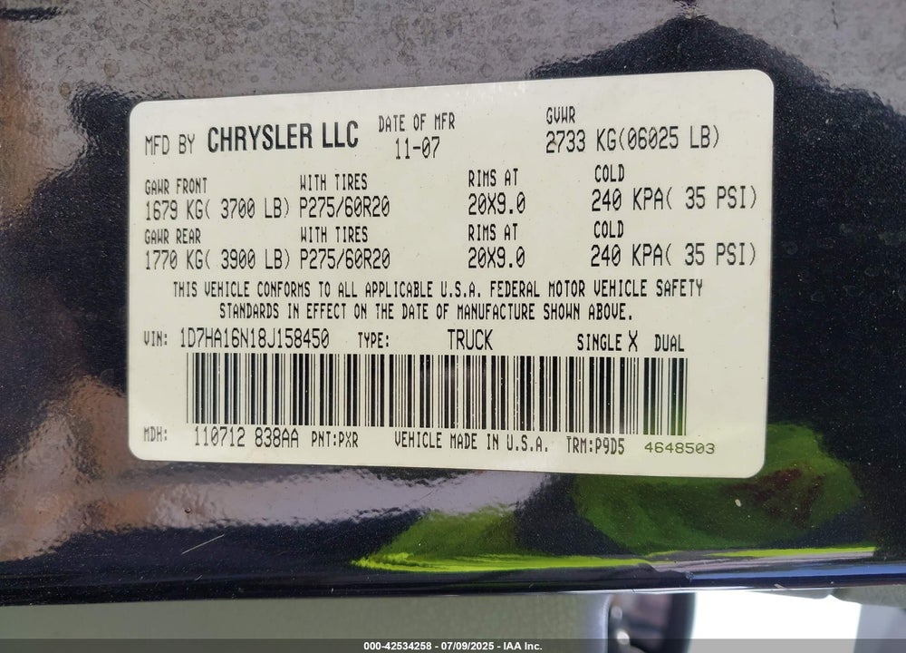 2008 DODGE RAM 1500 VIN: 1D7HA16N18J158450