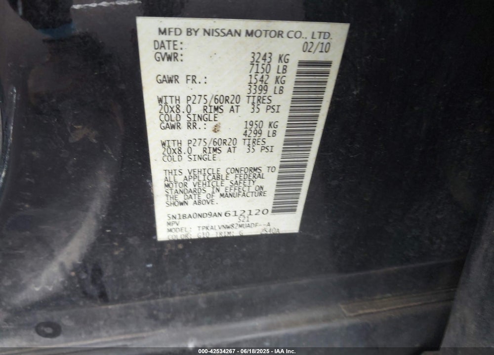 2010 NISSAN ARMADA TITANIUM VIN: 5N1BA0ND9AN612120