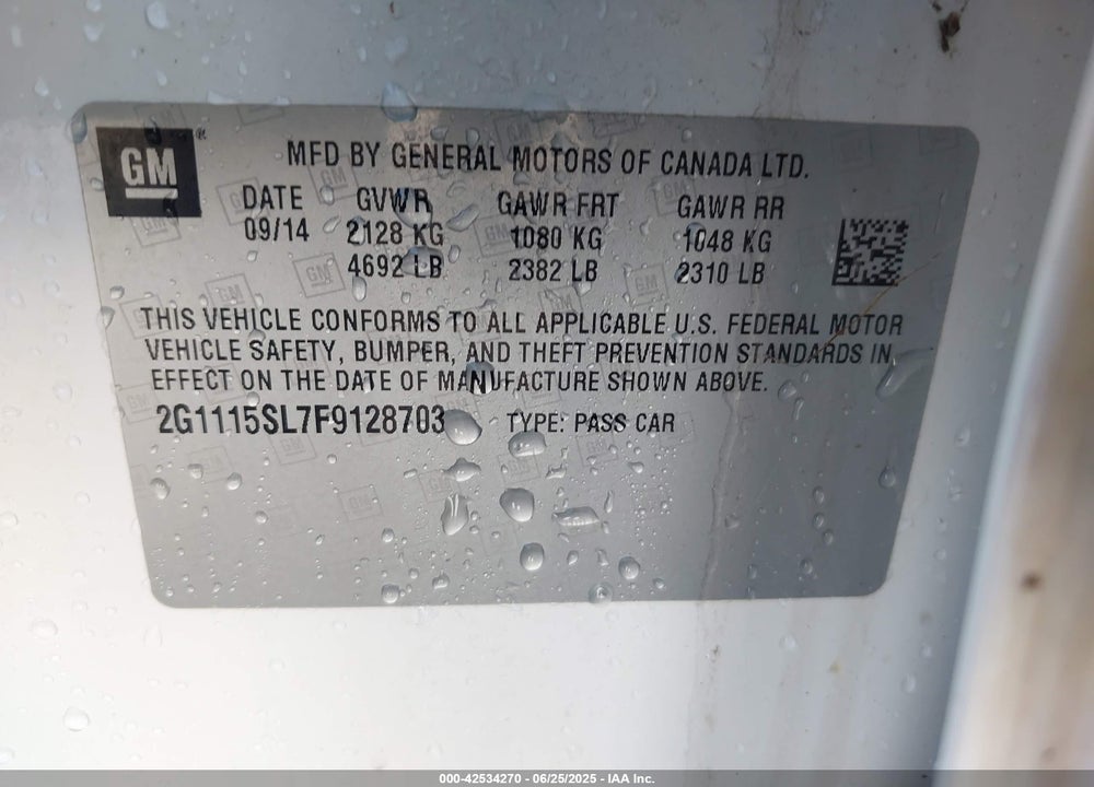 2015 CHEVROLET IMPALA 1LT VIN: 2G1115SL7F9128703
