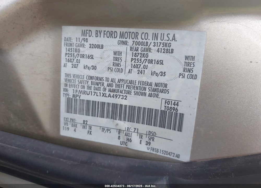 1999 FORD EXPEDITION EDDIE BAUER/XLT VIN: 1FMRU17L1XLA49732