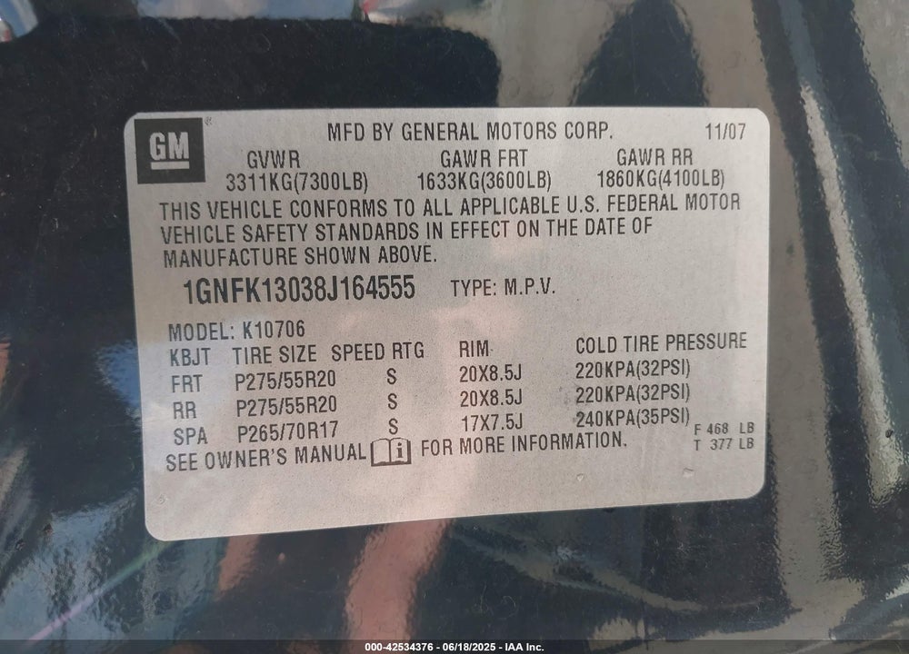2008 CHEVROLET TAHOE LTZ VIN: 1GNFK13038J164555