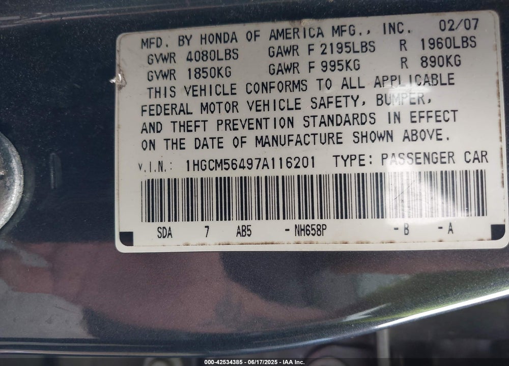 2007 HONDA ACCORD 2.4 LX VIN: 1HGCM56497A116201