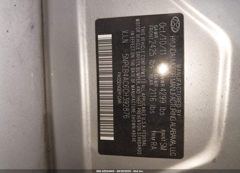 2012 HYUNDAI SONATA VIN: 5NPEB4AC6CH392876
