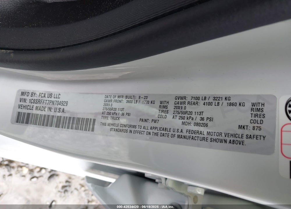 2023 RAM 1500 BIG HORN 4X4 5'7 BOX VIN: 1C6SRFFT7PN704929