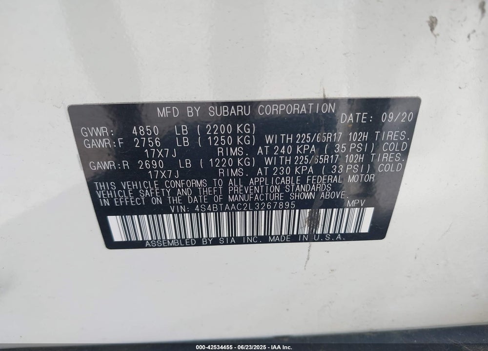 2020 SUBARU OUTBACK VIN: 4S4BTAAC2L3267895