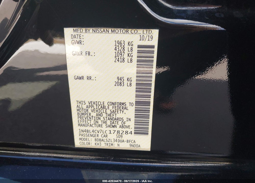 2020 NISSAN ALTIMA VIN: 1N4BL4CV7LC178284