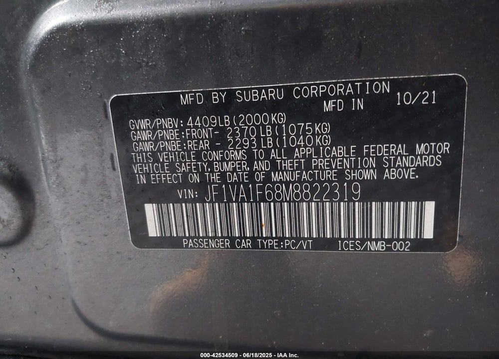 2021 SUBARU WRX VIN: JF1VA1F68M8822319