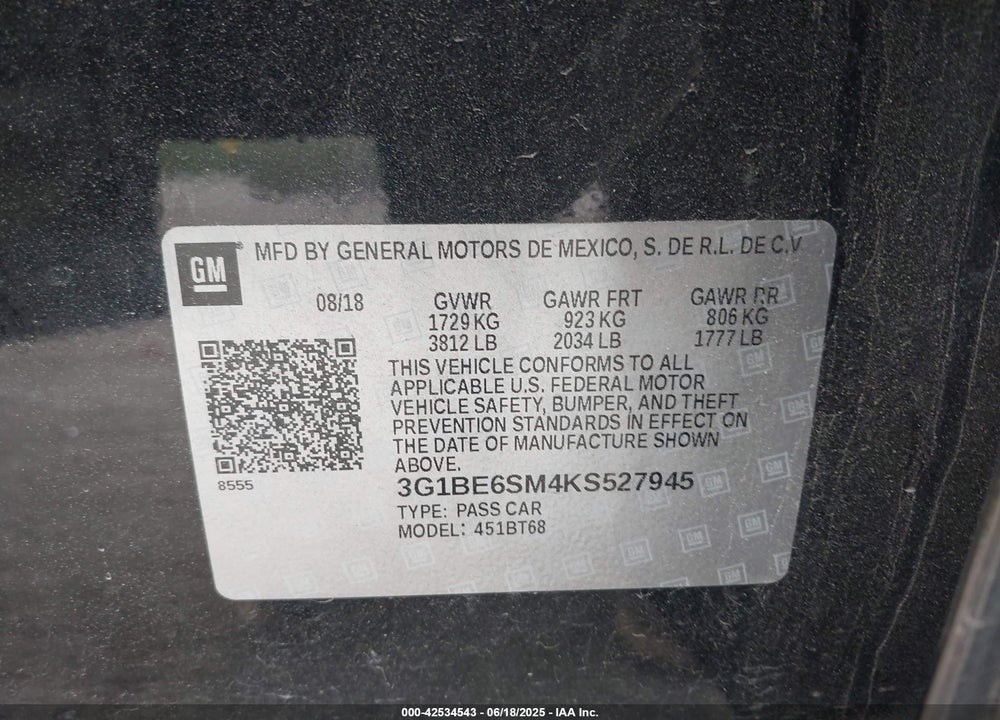 2019 CHEVROLET CRUZE VIN: 3G1BE6SM4KS527945