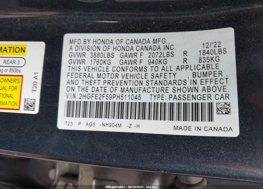 2023 HONDA CIVIC VIN: 2HGFE2F59PH511045