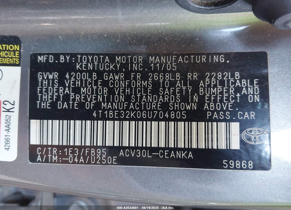 2006 TOYOTA CAMRY VIN: 4T1BE32K06U704805