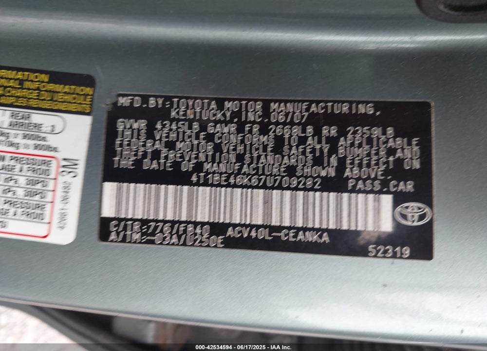 2007 TOYOTA CAMRY VIN: 4T1BE46K67U709282