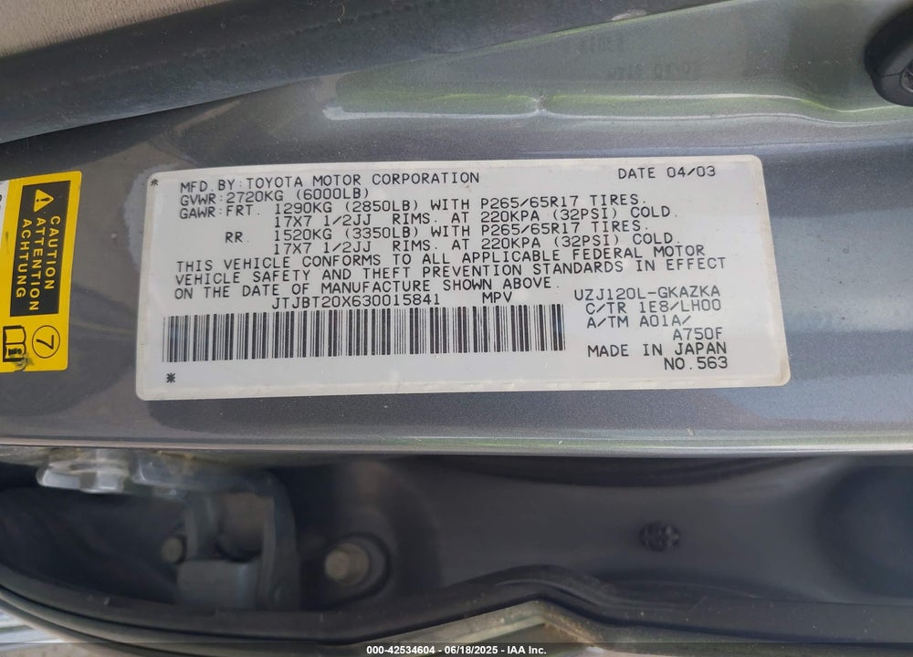 2003 LEXUS GX 470 VIN: JTJBT20X630015841