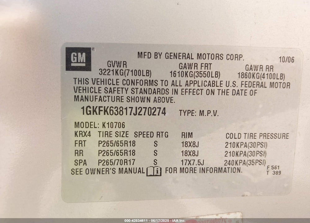 2007 GMC YUKON DENALI VIN: 1GKFK63817J270274