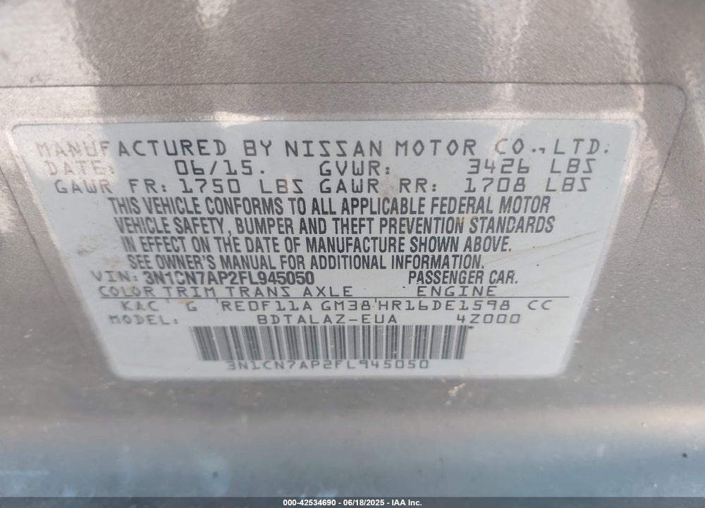 2015 NISSAN VERSA VIN: 3N1CN7AP2FL945050